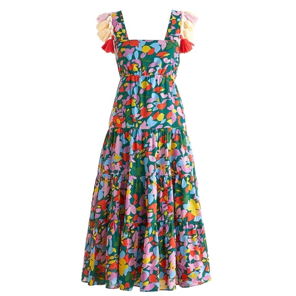 J. Crew Dresses & Skirts - J.Crew Size XS Tassel Dress Confetti Green Floral Organic Cotton Tiered Midi